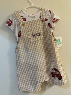 NWT Lightning McQueen Gingham Overalls & Tee Set - Red & Cream